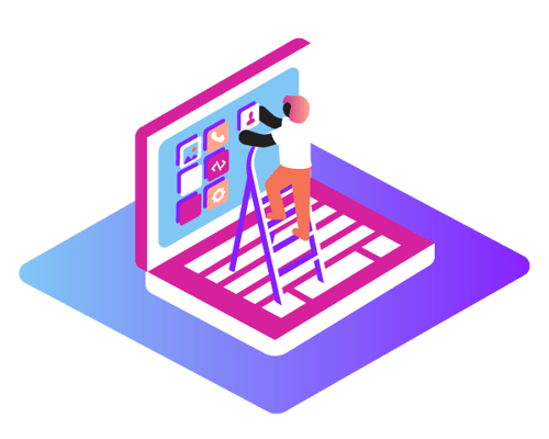 Cloud Scalability Features Illustration of a laptop with a person on a ladder on the laptop's keyboard hanging icons on the laptop's monitor