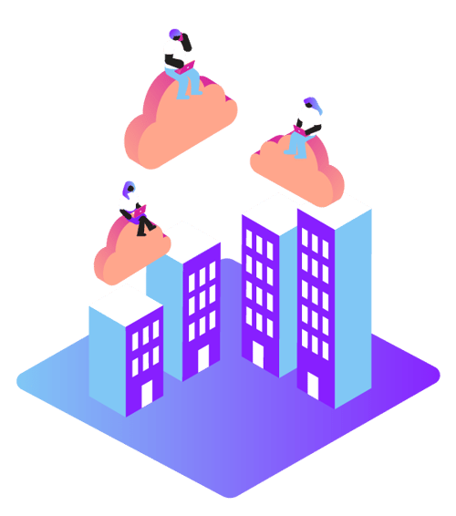 Cloud Scalability Portable Illustration of people sitting on clouds and using laptops while floating over buildings