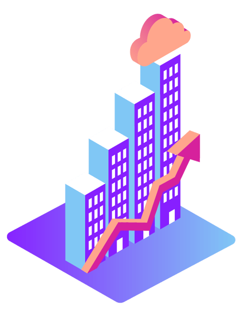 Cloud Scalability Scalability Illustration of buildings behind a zig-zag up arrow