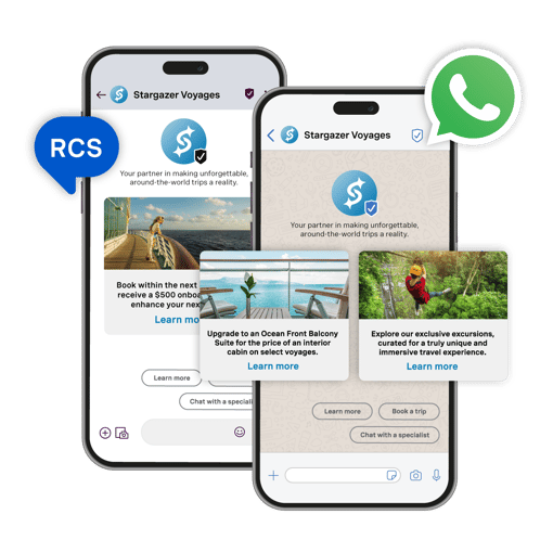 Image of mobile devices depicting RCS being used within WhatsApp and Messaging