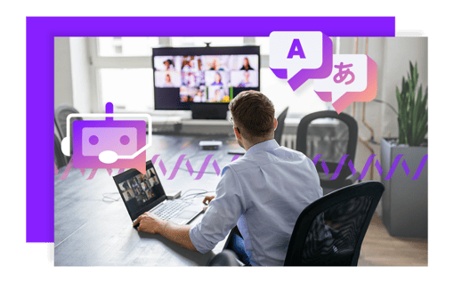 Video API Capabilities Image with bot icon and translation icon showcasing a video meeting on desktop