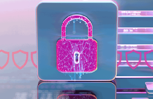 Enterprise-grade security - details grid Image shows a blue CPU with a purple pink lock on it indicating cybersecurity measures; the CPU rests against another stack of CPUs piled behind it to the right; a chain of badge outlines runs through the center of the image to indicate security