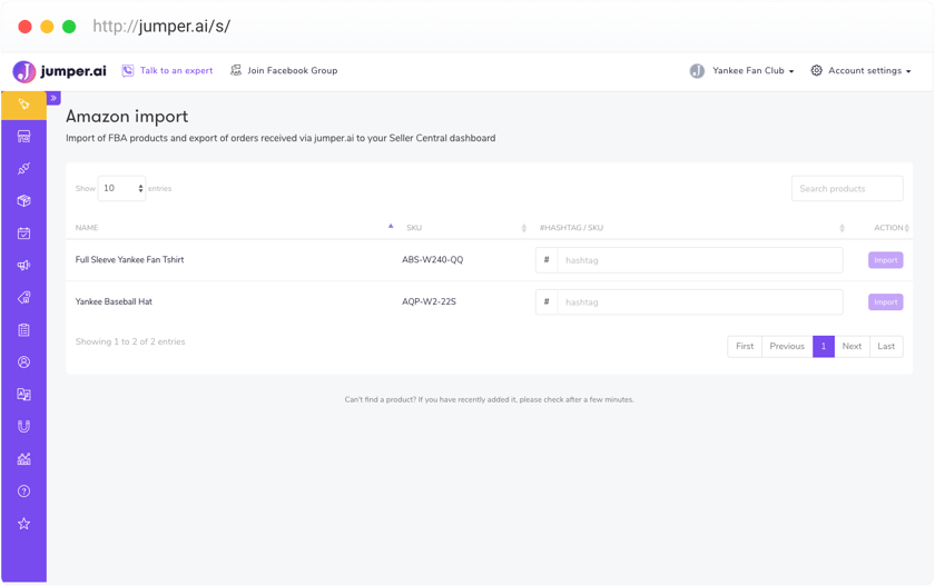 Screenshot of Jumper dashboard with Amazon import details