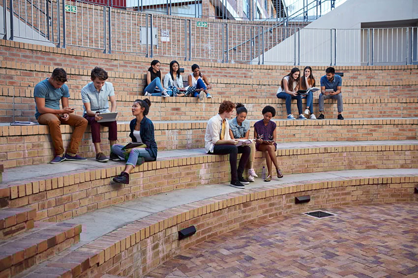 658984259 Students studying in groups outdoors on campus