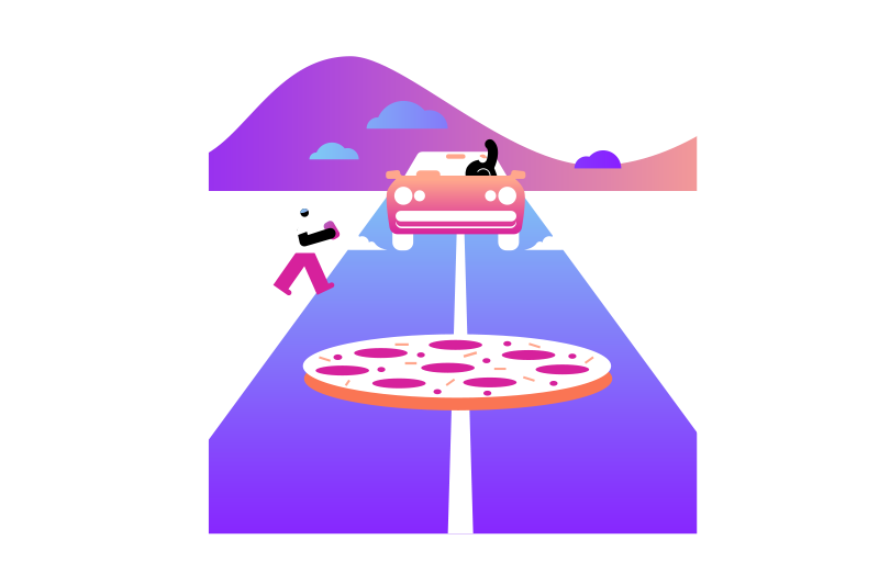 Illustration of pizza delivery service using app.