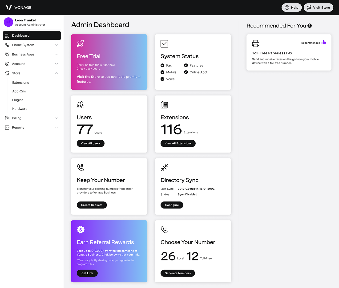Dashboard Screen capture of Vonage Business app