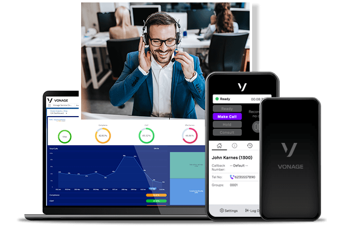 compilation of images, including a contact center agent, a screenshot of vonage contact center on a desktop and mobile device, and the vonage logo